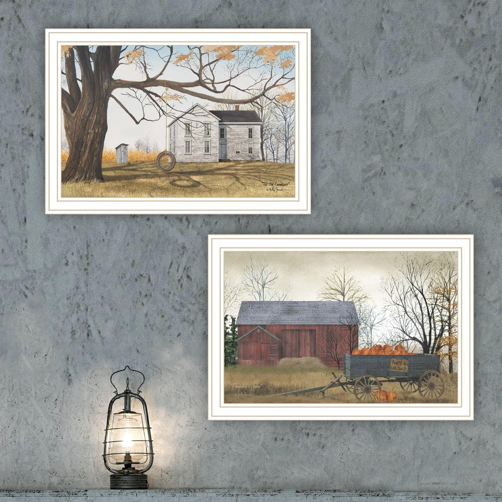 Set Of Two Farmhouse Barn And Pumpkin Wagon White Framed Wall Art — view 2