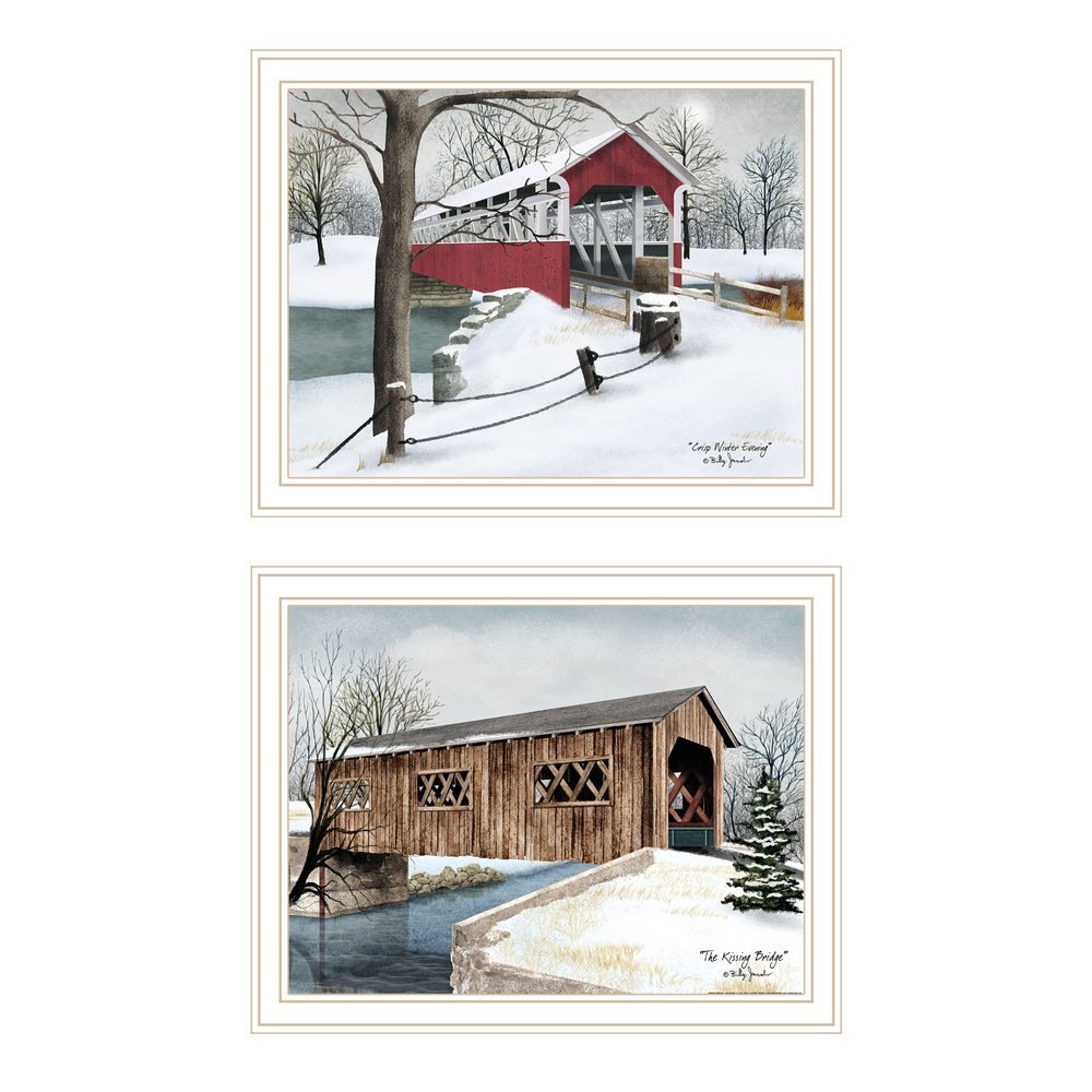 Set Of Two Winter Covered Bridges White Framed Wall Art — view 1