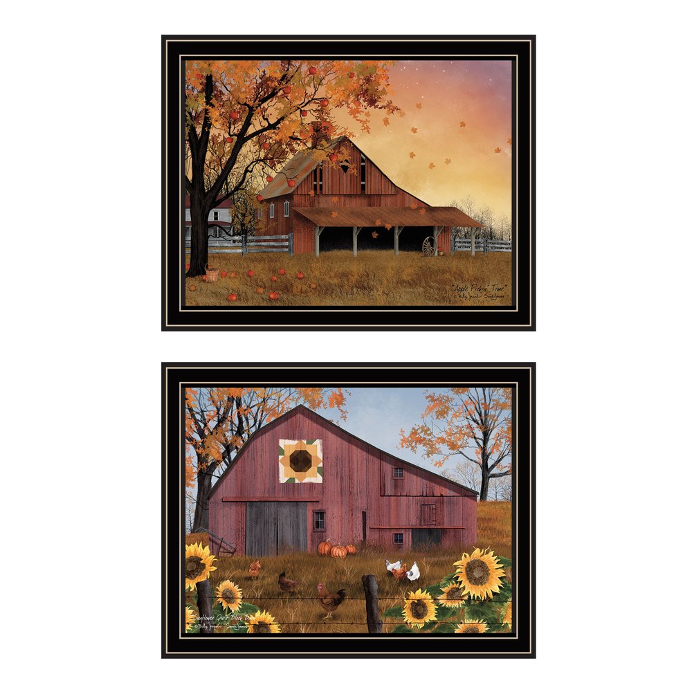 Set Of Two Apple Picking time And Sunflower Quilt Barn Black Framed Wall Art HomeRoots