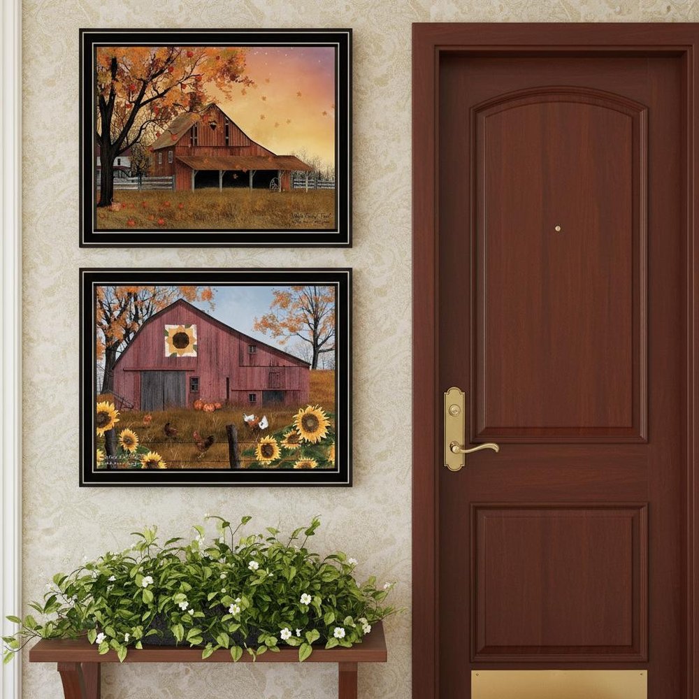 Set Of Two Apple Picking time And Sunflower Quilt Barn Black Framed Wall Art HomeRoots