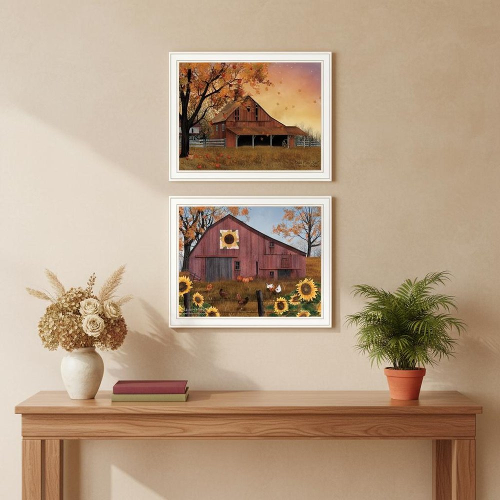 Set Of Two Apple Picking time And Sunflower Quilt Barn White Framed Wall Art HomeRoots