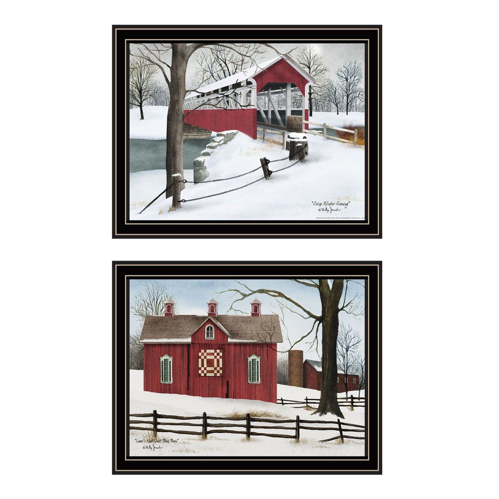 Set Of Two Lovers Knot Quilt Barn And Covered Bridge Black Framed Wall Art — view 1