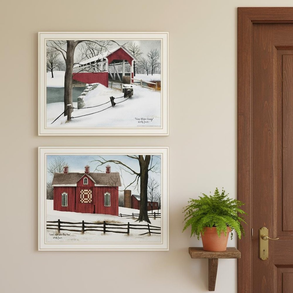 Set Of Two Lovers Knot Quilt Barn And Covered Bridge White Framed Wall Art — view 5