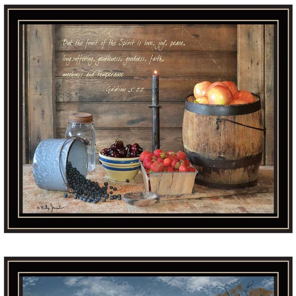Set Of Two Vignette Autumn Sunrise And Fruit of the Spirit Black Framed Wall Art