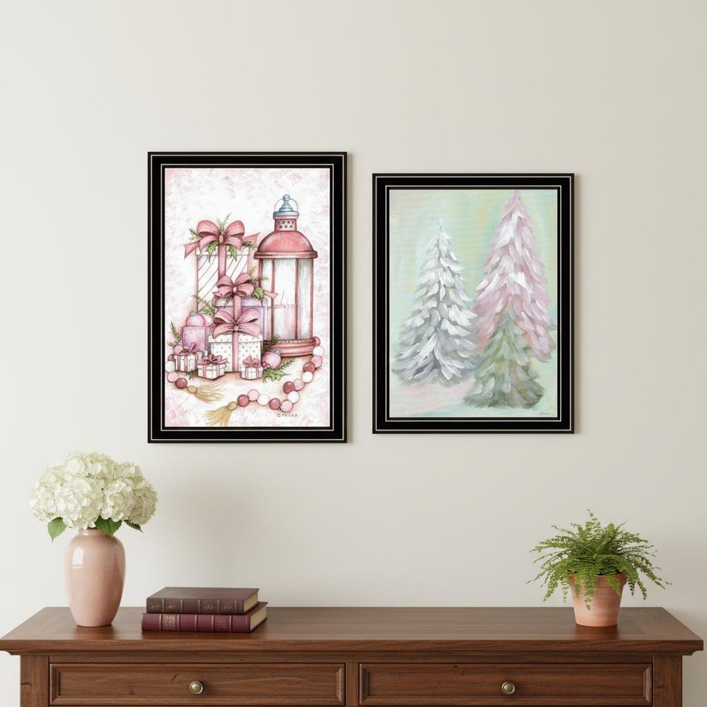 Set Of Two Pink Candy Land Christmas Trees Black Framed Wall Art HomeRoots