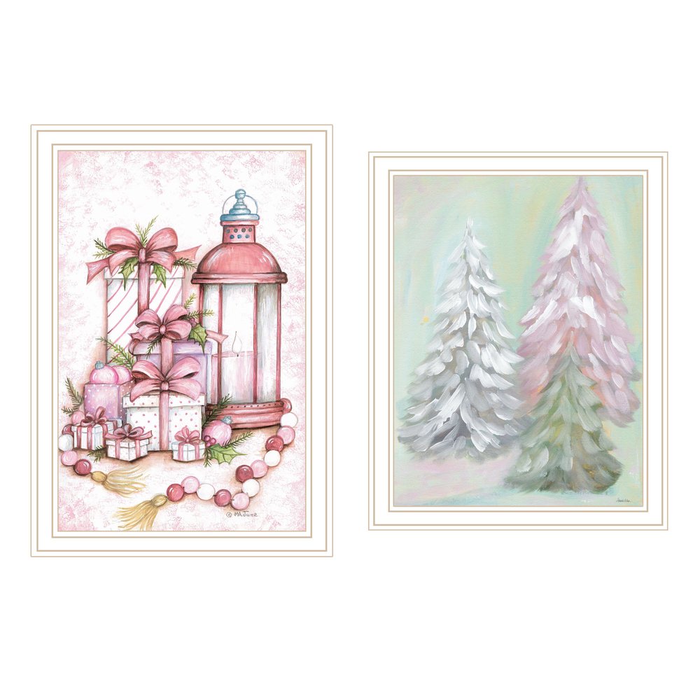 Set Of Two Pink Candy Land Christmas Trees White Framed Wall Art HomeRoots