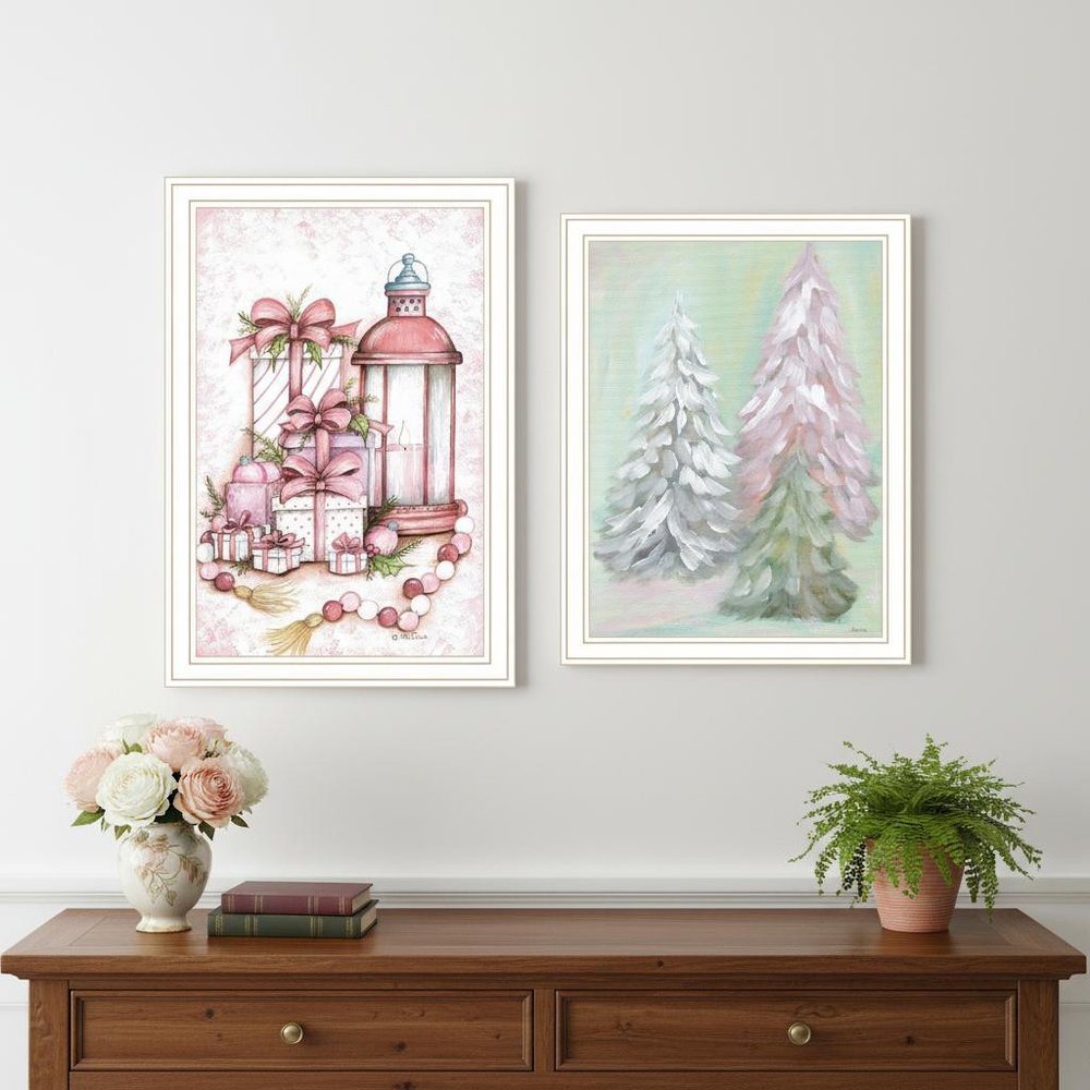 Set Of Two Pink Candy Land Christmas Trees White Framed Wall Art HomeRoots
