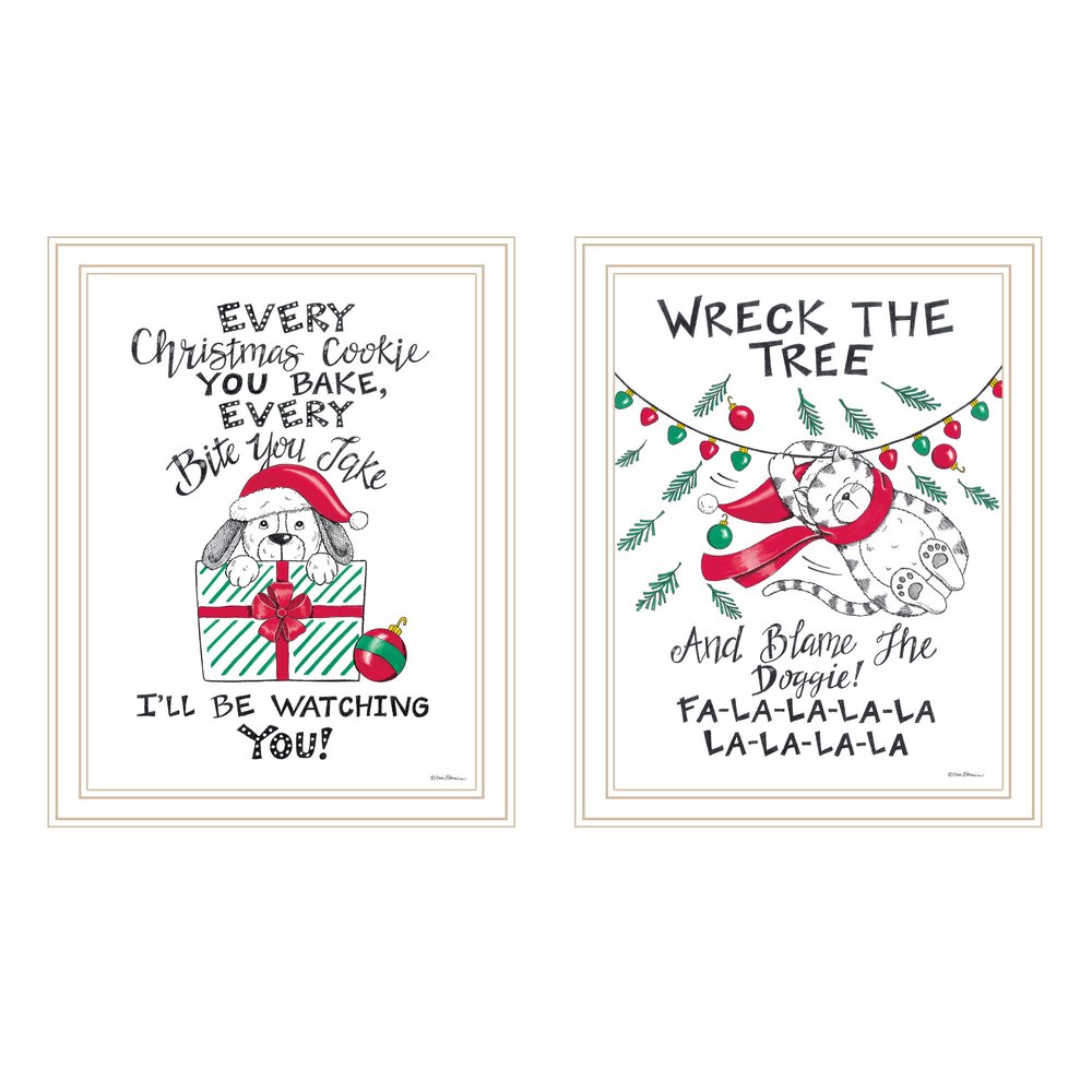 Set Of Two Cat And Dog Christmas Enjoyment ! White Framed Wall Art — view 1