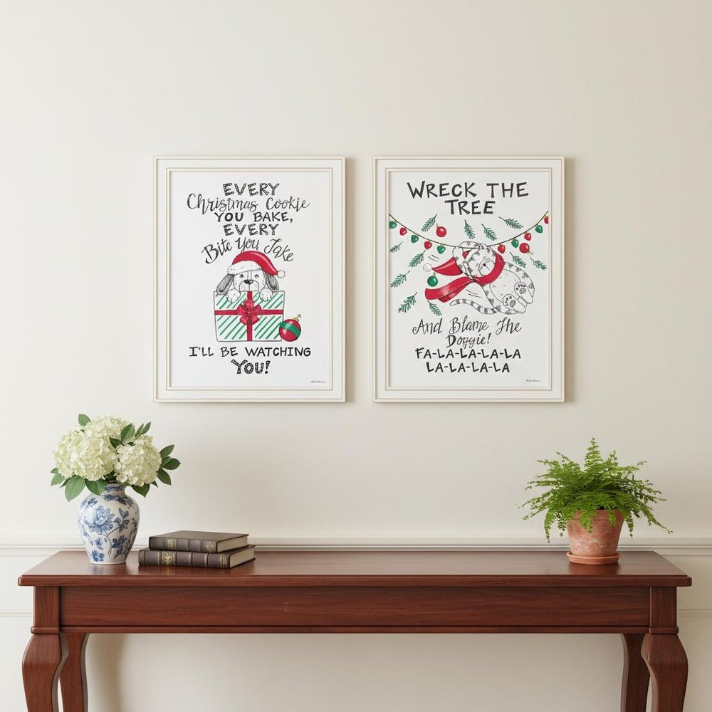 Set Of Two Cat And Dog Christmas Enjoyment ! White Framed Wall Art HomeRoots