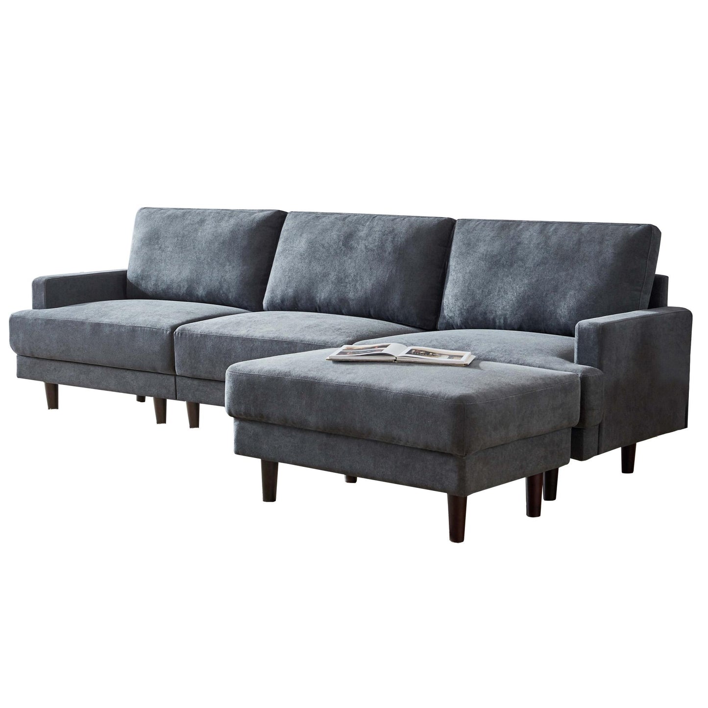 Modern fabric sofa L shape, 3 seater with ottoman-104.6"-Dark gray