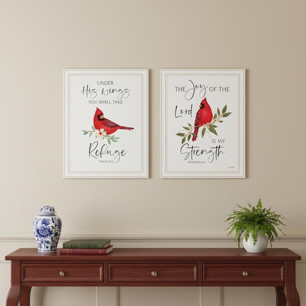 Set Of Two The Lord is MY Strength - Red Cardinals White Framed Wall Art — view 4