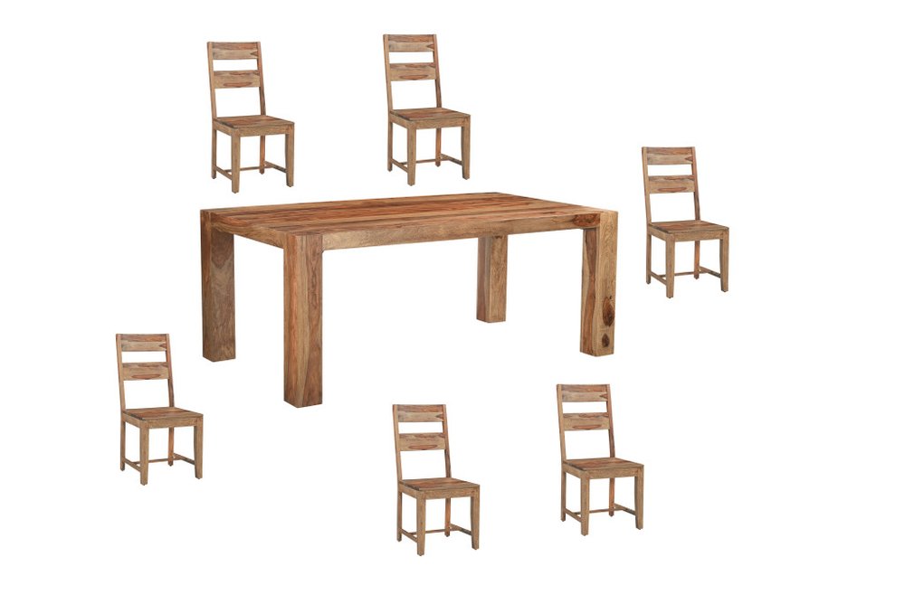 Seven Piece Brown Solid Wood Dining Set with Six Chairs — view 1