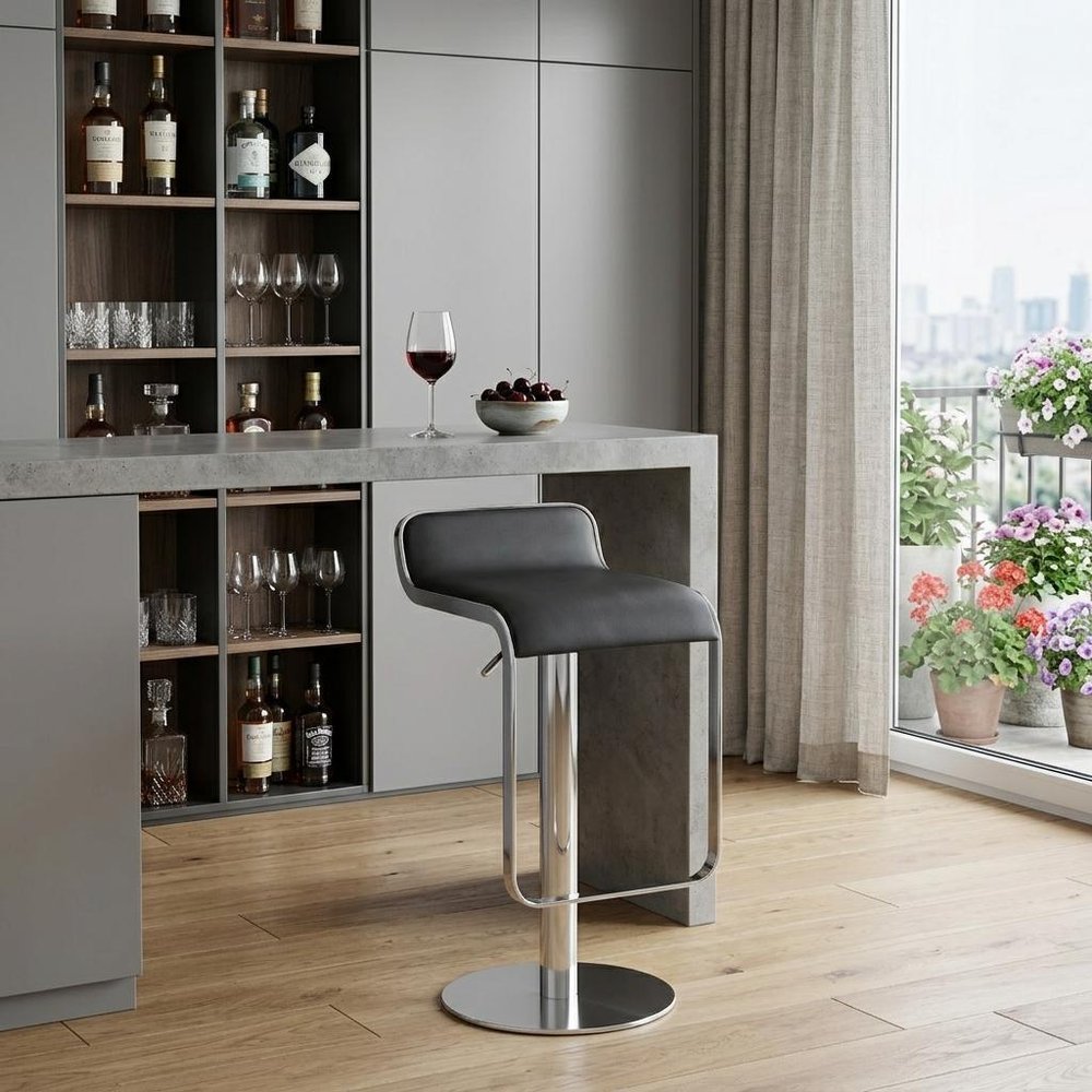 Black and Silver Faux Leather and Steel Adjustable Height Swivel Bar Chair HomeRoots