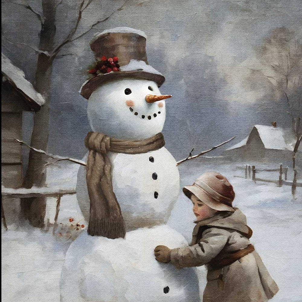 Boy Building A Snowman Black Framed Wall Art — view 2