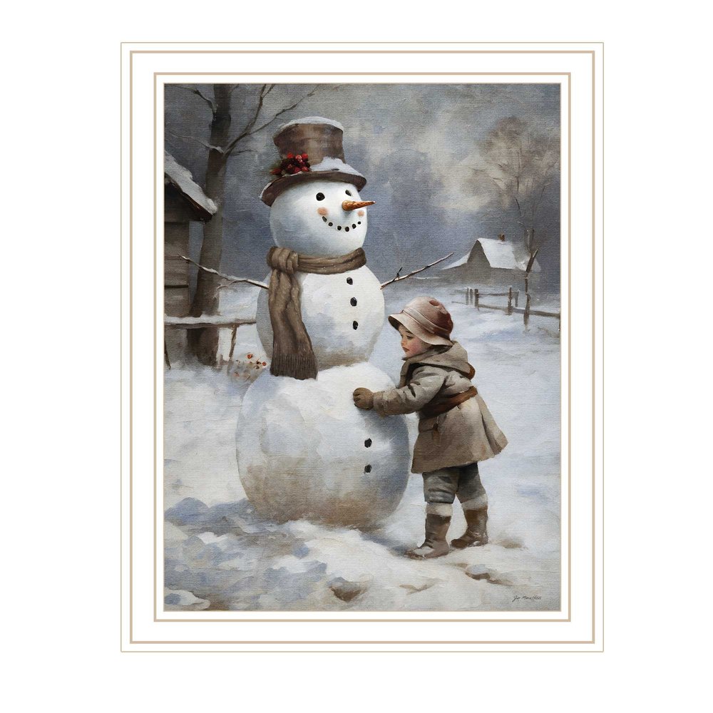 Boy Building A Snowman White Framed Wall Art — view 1