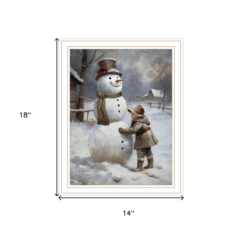 Boy Building A Snowman White Framed Wall Art — view 4
