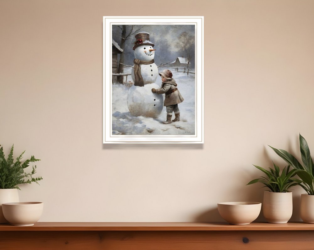 Boy Building A Snowman White Framed Wall Art HomeRoots