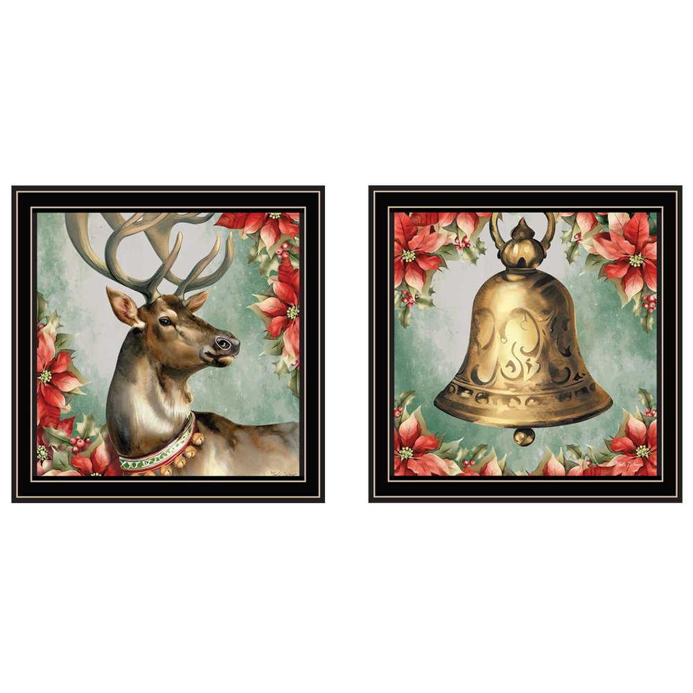Set Of Two Old World Reindeer And Bell Black Framed Wall Art HomeRoots