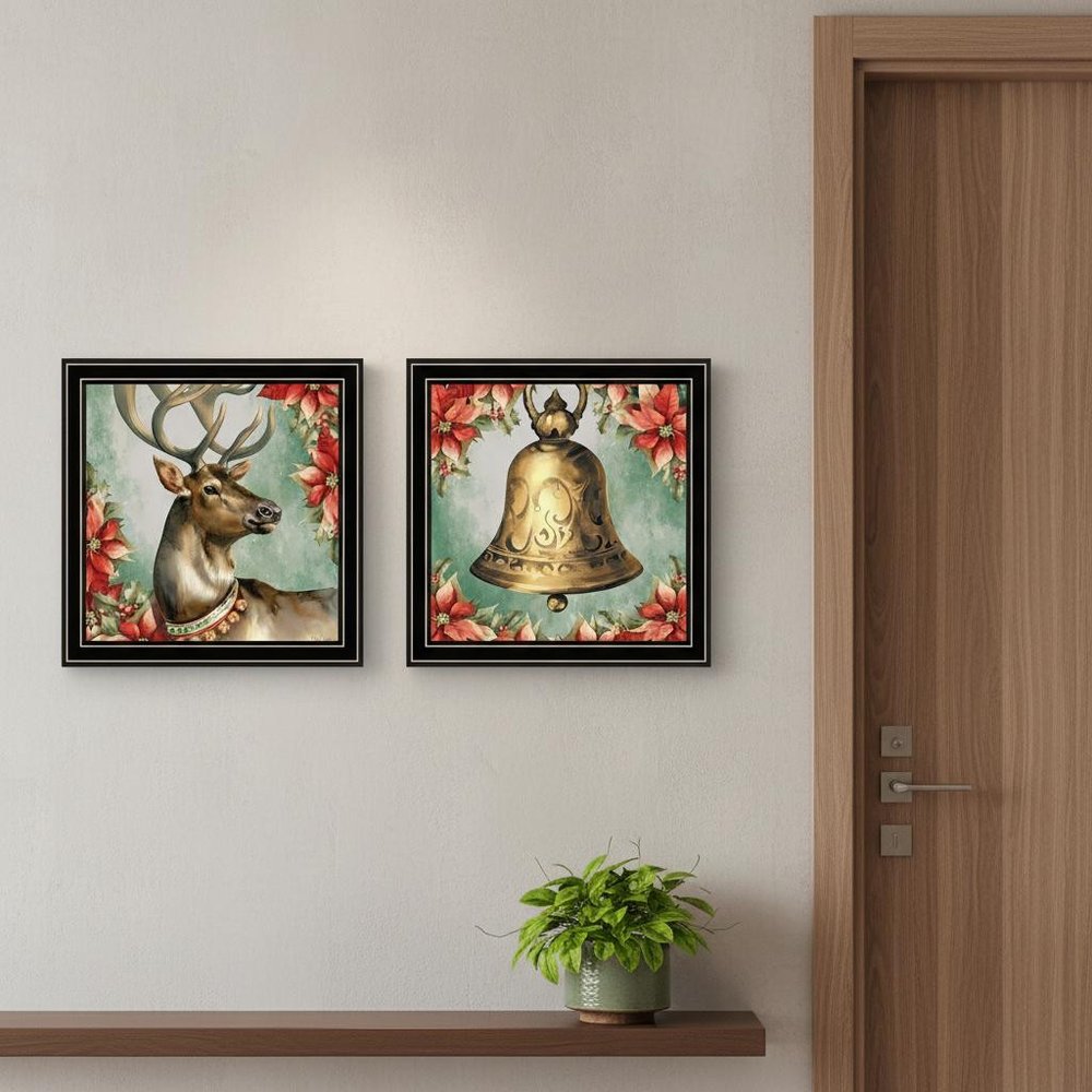 Set Of Two Old World Reindeer And Bell Black Framed Wall Art HomeRoots