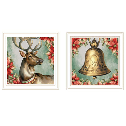 Set Of Two Old World Reindeer And Bell White Framed Wall Art HomeRoots