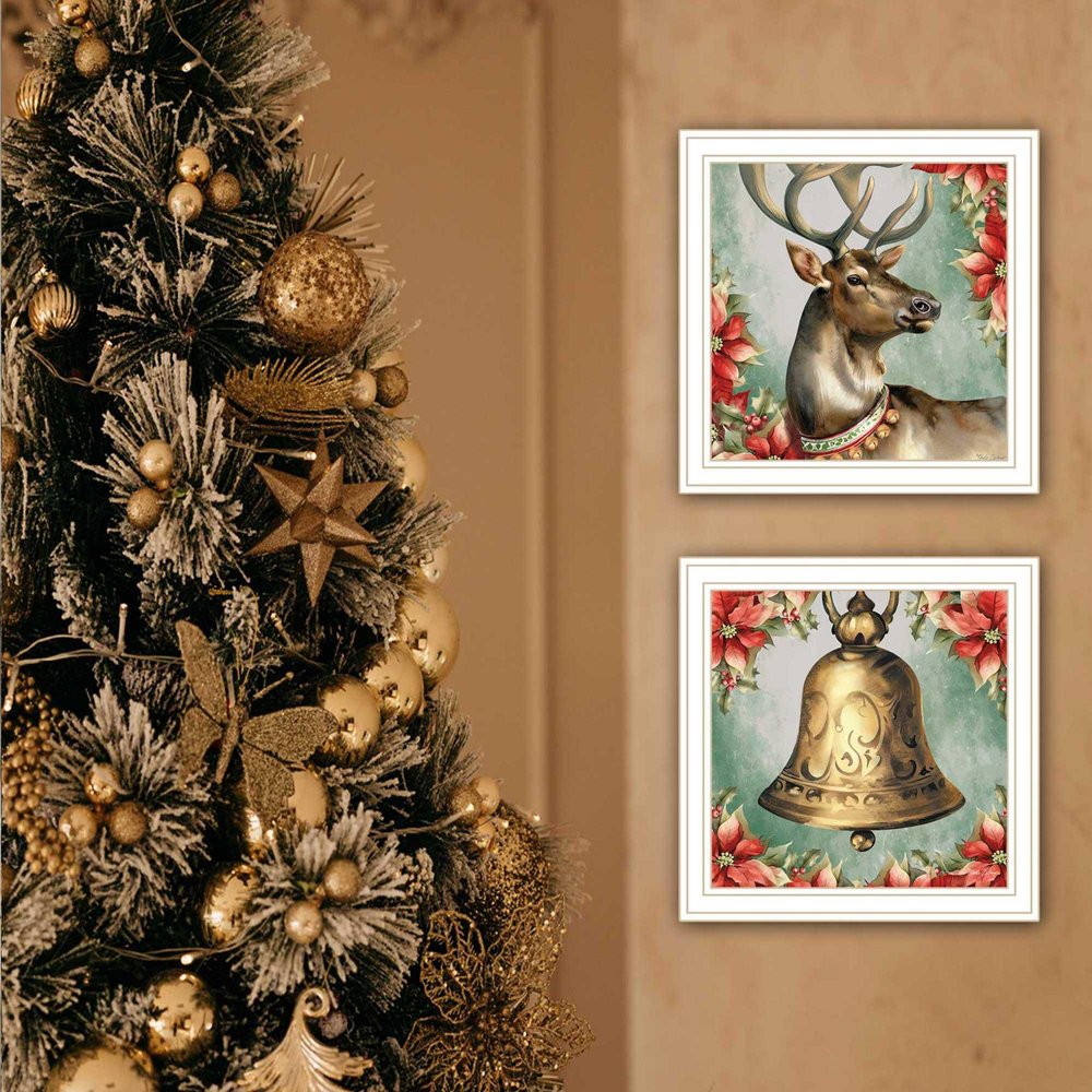 Set Of Two Old World Reindeer And Bell White Framed Wall Art HomeRoots
