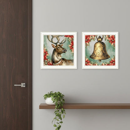 Set Of Two Old World Reindeer And Bell White Framed Wall Art HomeRoots
