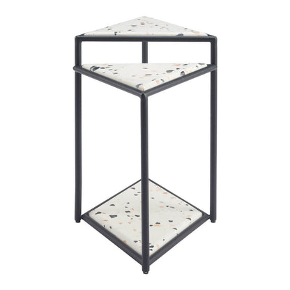 20" Black And White Faux Terrazzo And Steel Triangular Pedestal End Table
