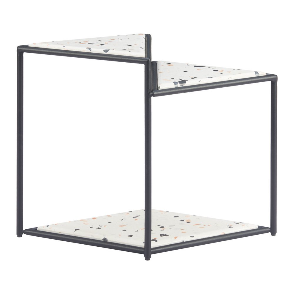 20" Black And White Faux Terrazzo And Steel Triangular Pedestal End Table