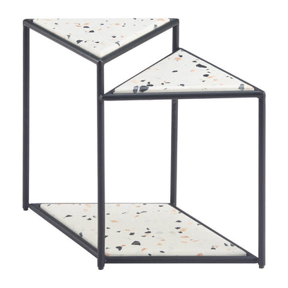 20" Black And White Faux Terrazzo And Steel Triangular Pedestal End Table