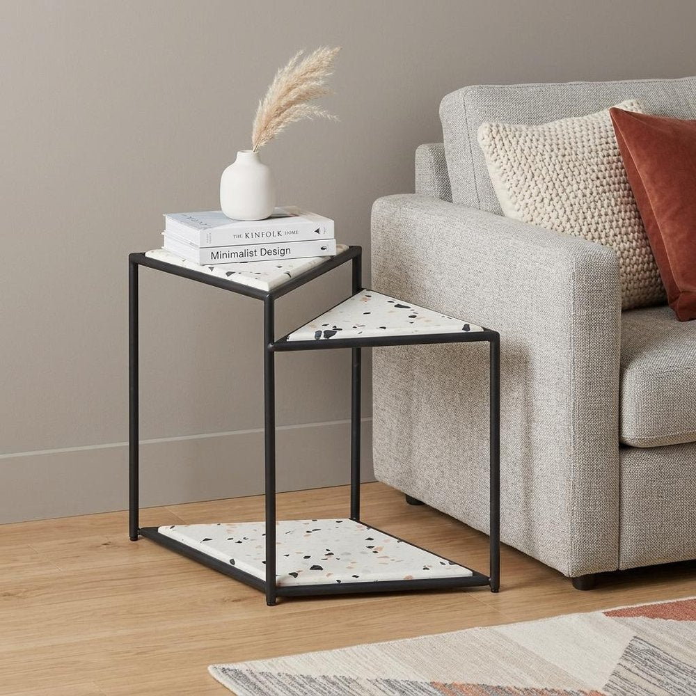 20" Black And White Faux Terrazzo And Steel Triangular Pedestal End Table