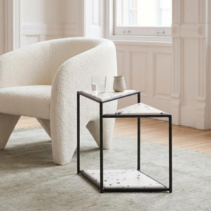 20" Black And White Faux Terrazzo And Steel Triangular Pedestal End Table