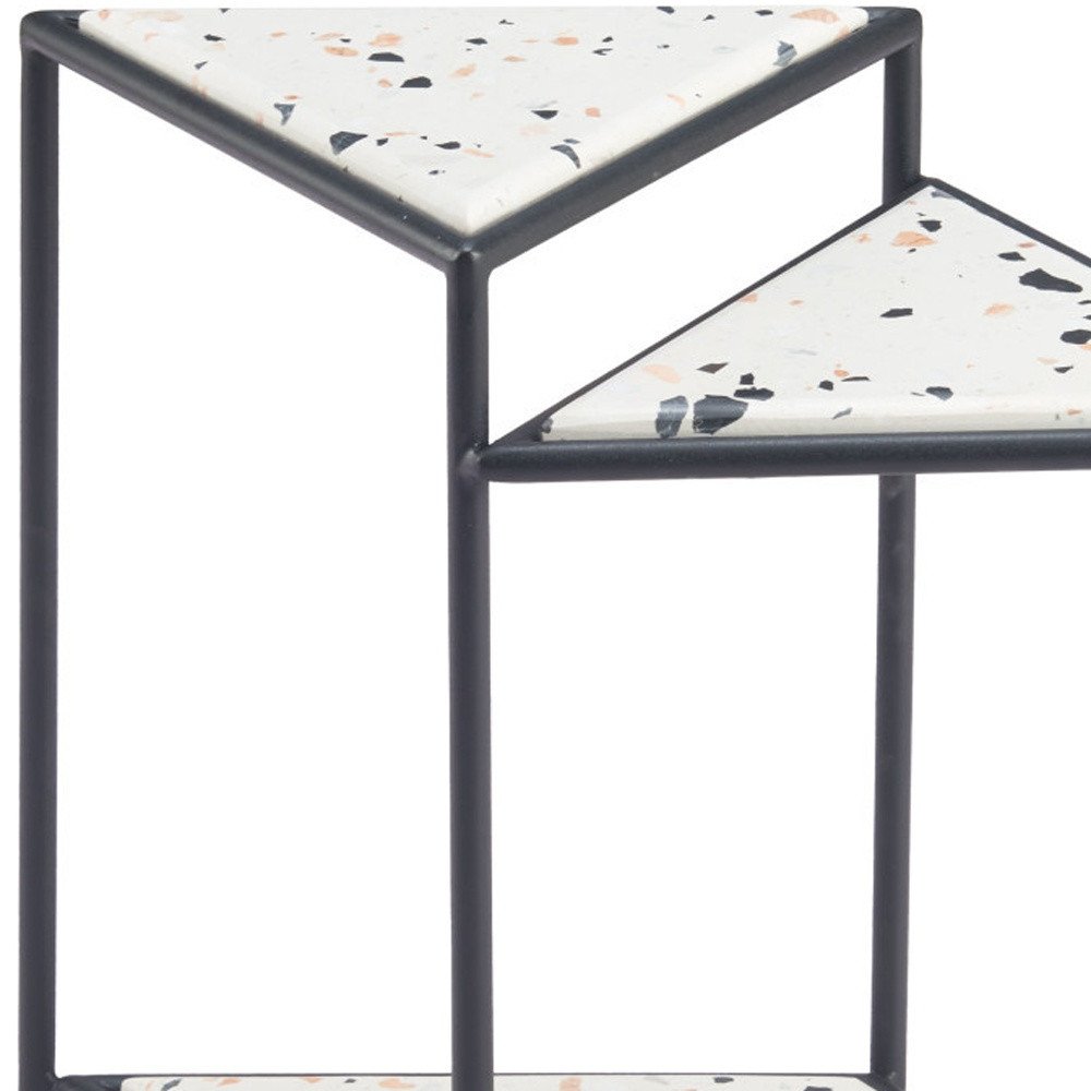 20" Black And White Faux Terrazzo And Steel Triangular Pedestal End Table