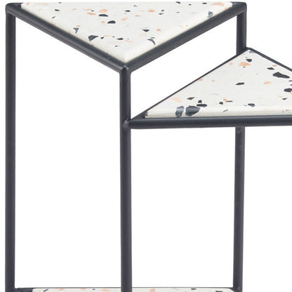 20" Black And White Faux Terrazzo And Steel Triangular Pedestal End Table