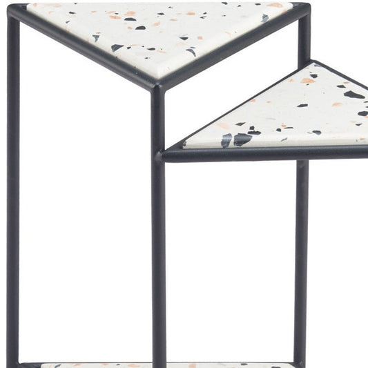20" Black And White Faux Terrazzo And Steel Triangular Pedestal End Table