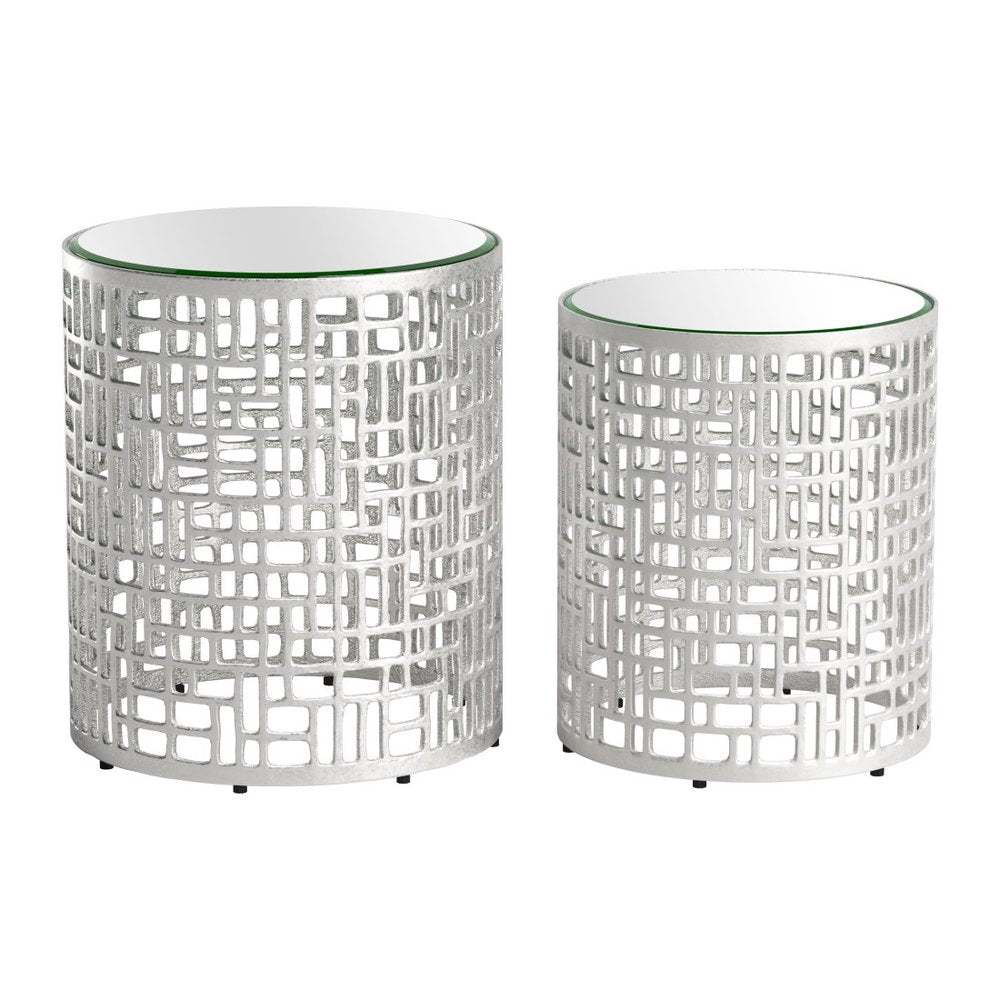 Set of Two Silver and Mirrored Glass Round Drum End Tables HomeRoots