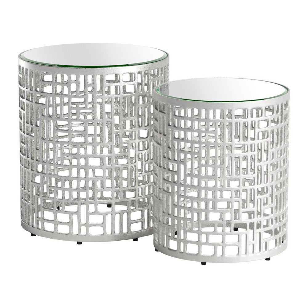 Set of Two Silver and Mirrored Glass Round Drum End Tables HomeRoots
