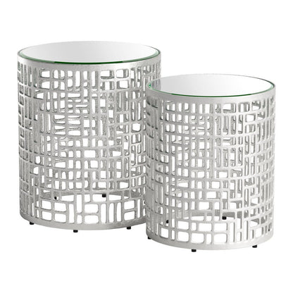 Set of Two Silver and Mirrored Glass Round Drum End Tables HomeRoots