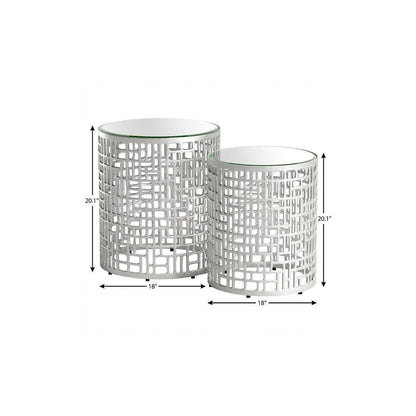 Set of Two Silver and Mirrored Glass Round Drum End Tables HomeRoots