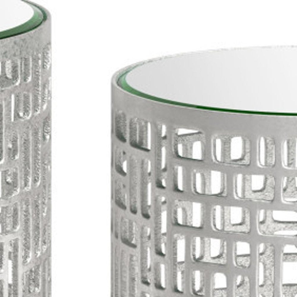 Set of Two Silver and Mirrored Glass Round Drum End Tables — view 9