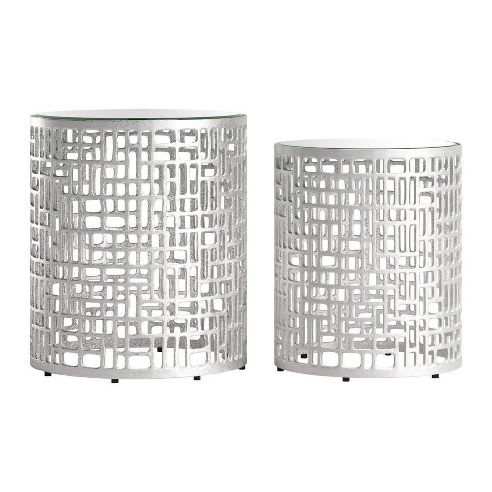 Set of Two Silver and Mirrored Glass Round Drum End Tables — view 6