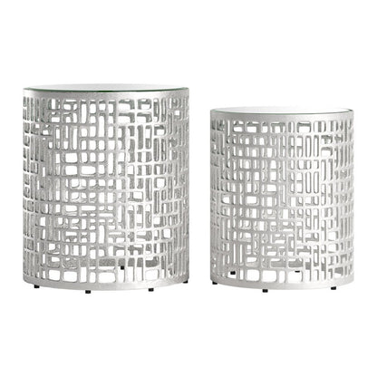 Set of Two Silver and Mirrored Glass Round Drum End Tables HomeRoots