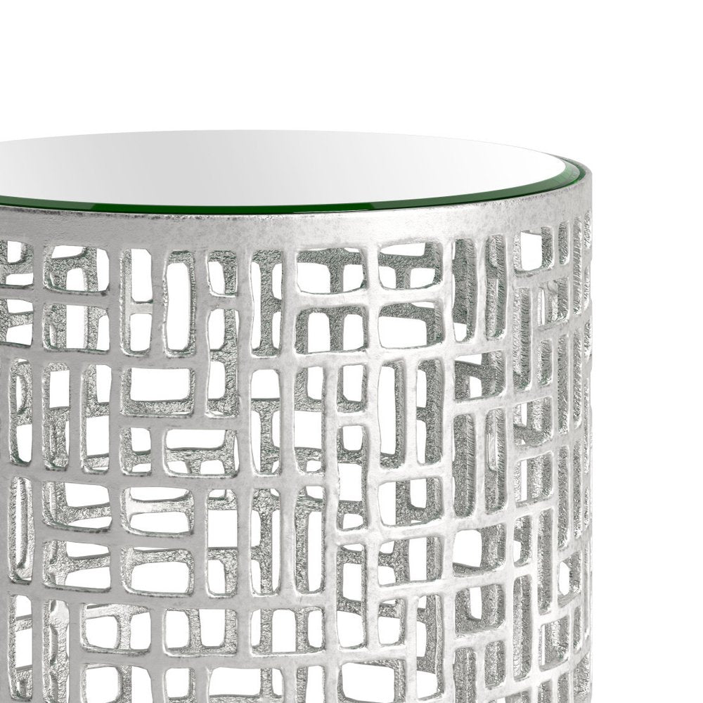 Set of Two Silver and Mirrored Glass Round Drum End Tables — view 7