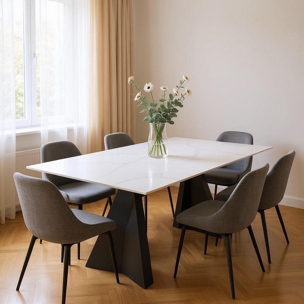 79" White and Black Sintered Stone and Steel Double Pedestal Base Dining Table HomeRoots