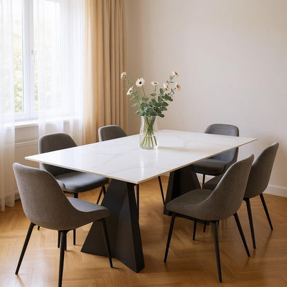 79" White and Black Sintered Stone and Steel Double Pedestal Base Dining Table HomeRoots