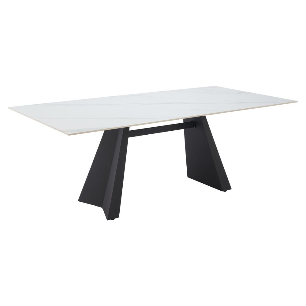 79" White and Black Sintered Stone and Steel Double Pedestal Base Dining Table HomeRoots