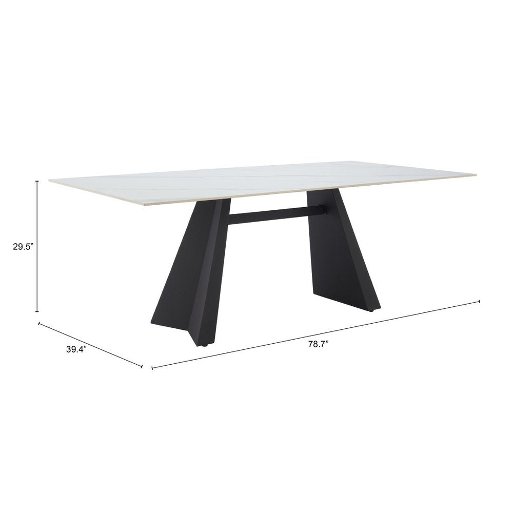 79" White and Black Sintered Stone and Steel Double Pedestal Base Dining Table HomeRoots