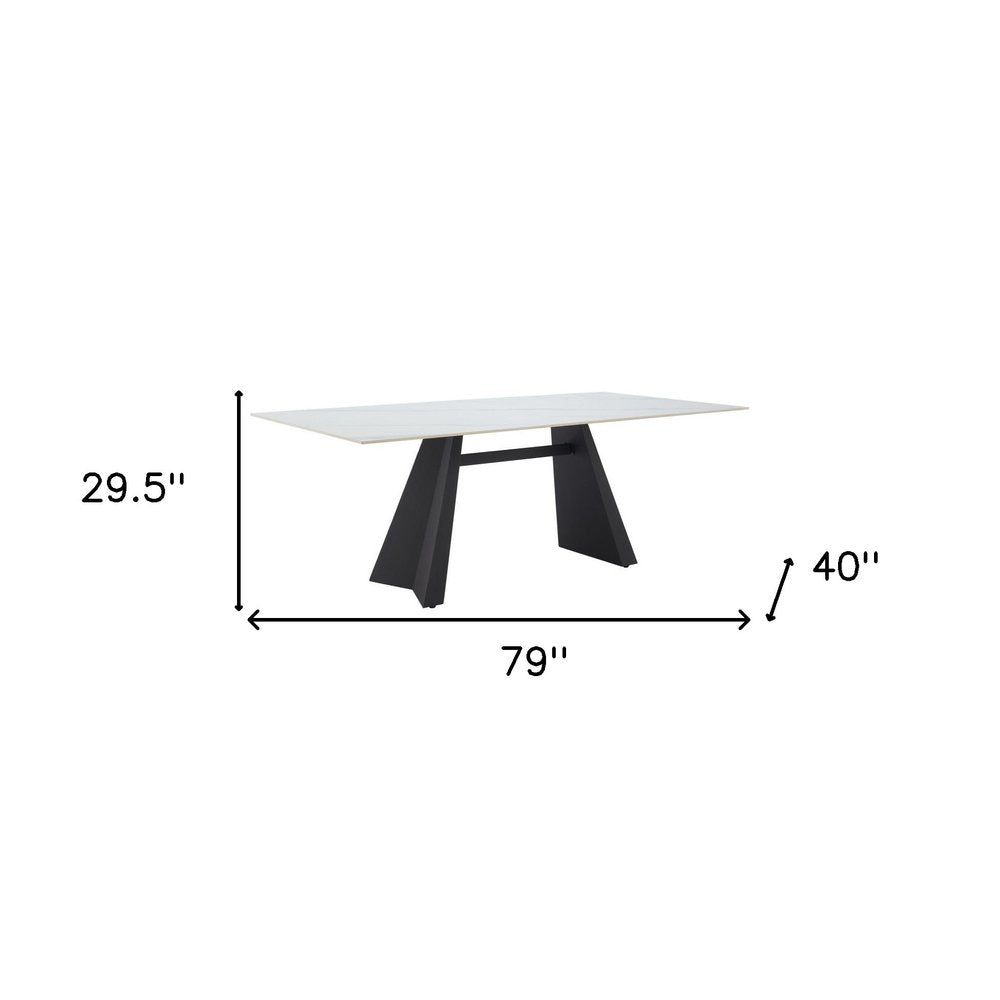 79" White and Black Sintered Stone and Steel Double Pedestal Base Dining Table HomeRoots