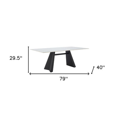 79" White and Black Sintered Stone and Steel Double Pedestal Base Dining Table HomeRoots