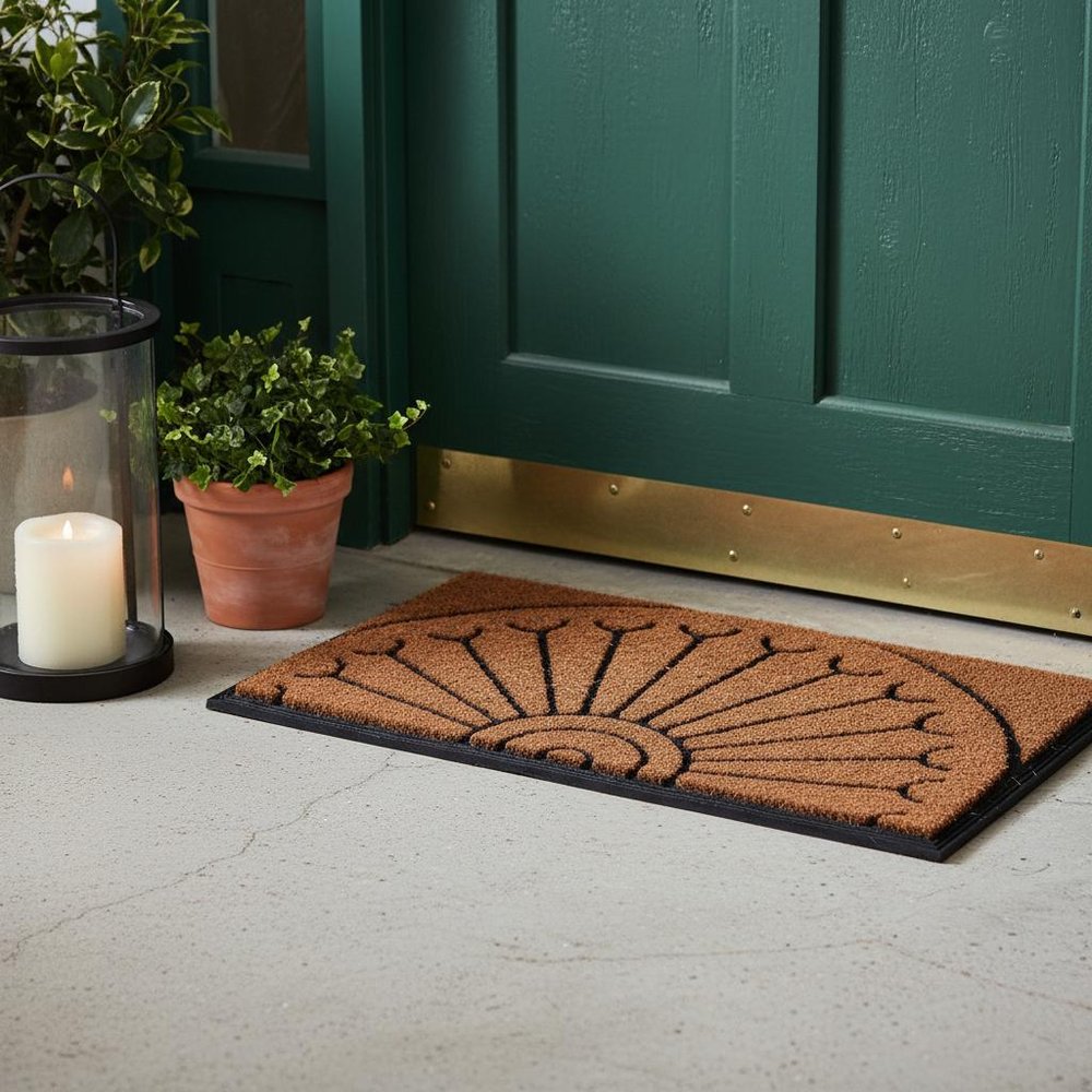 18" X 30" Beige and Black Rubber and Coir Outdoor Semi Circle Door Mat HomeRoots