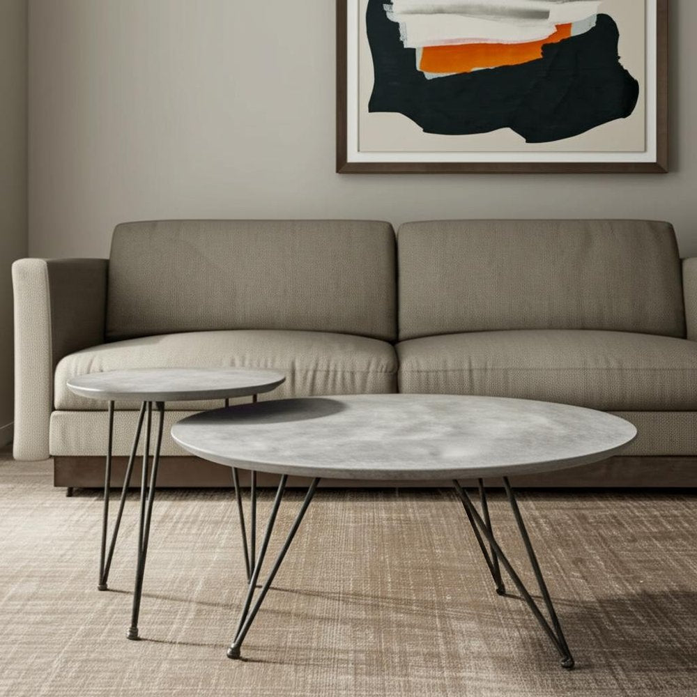 Set of Two Gray and Black Wood and Steel Round Nested Coffee Tables — view 1